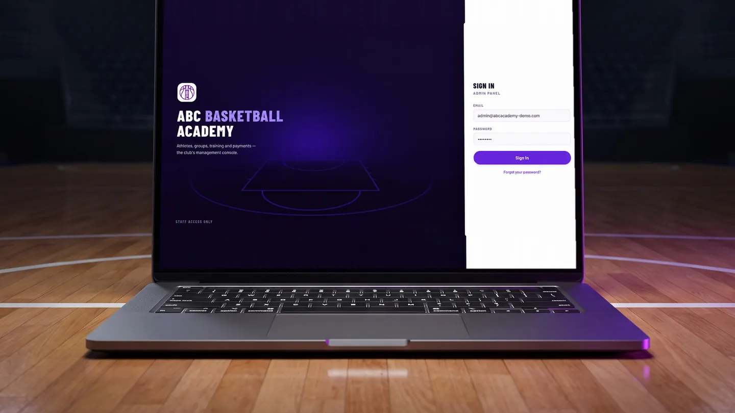 The ABC Basketball Academy admin sign-in screen, with the academy branding and a staff-only sign-in panel