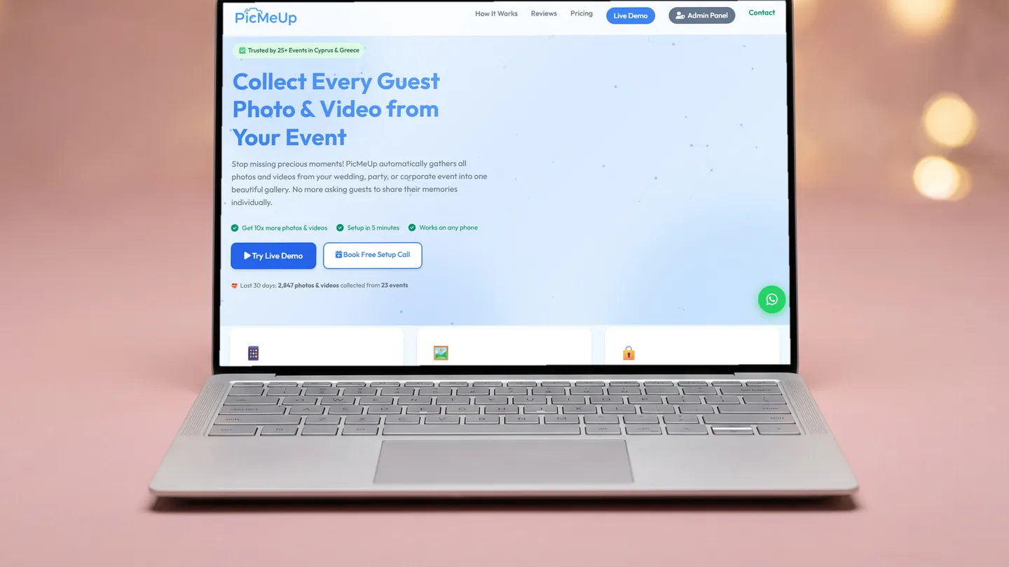 PicMeUp shown on desktop and phone, with a live event gallery