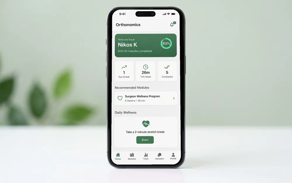 Orthonomics, the occupational injury prevention app, shown on a phone
