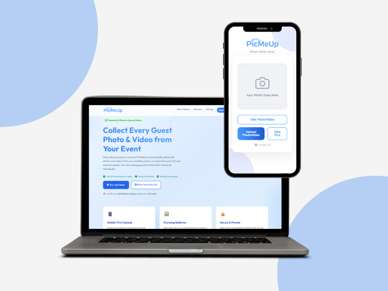 PicMeUp shown on desktop and phone, with a live event gallery