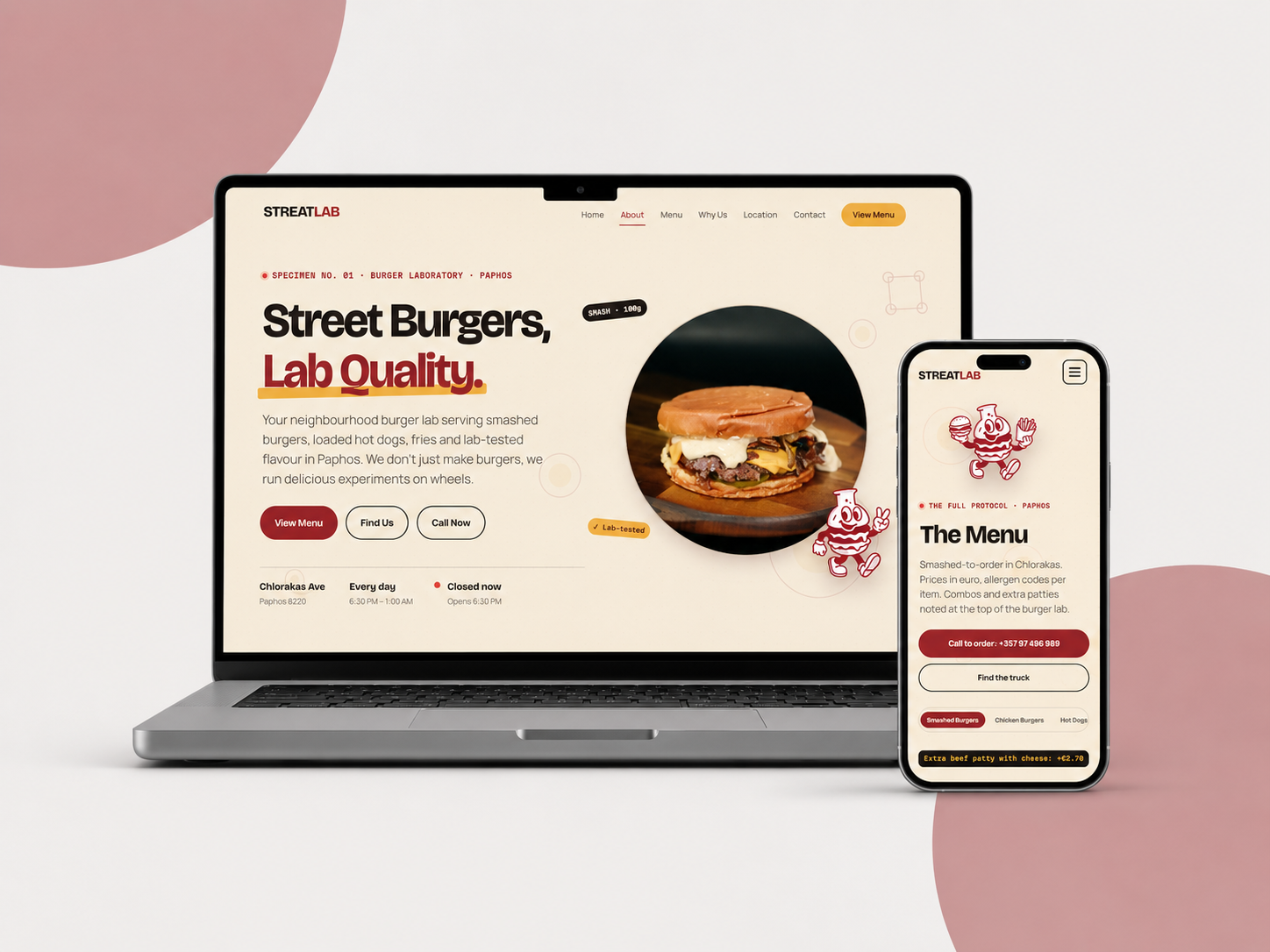 The StreatLab Smash Burgers website