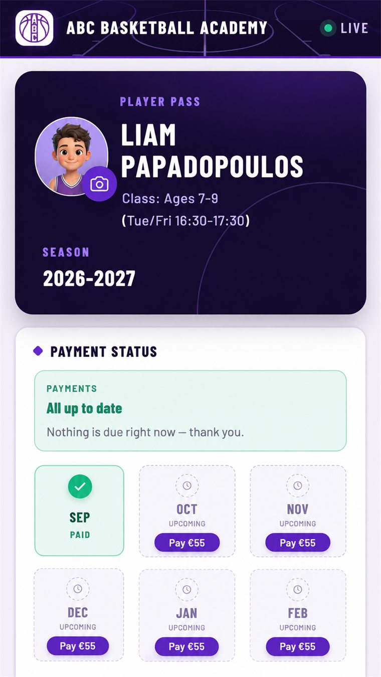 The parent portal on a phone: a player pass with the athlete's name, class and season, then payment status month by month with a pay button on each upcoming month