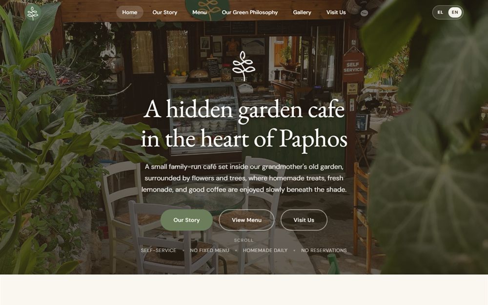 The Avli tis Nefelis homepage, showing the garden and the site's four defining facts