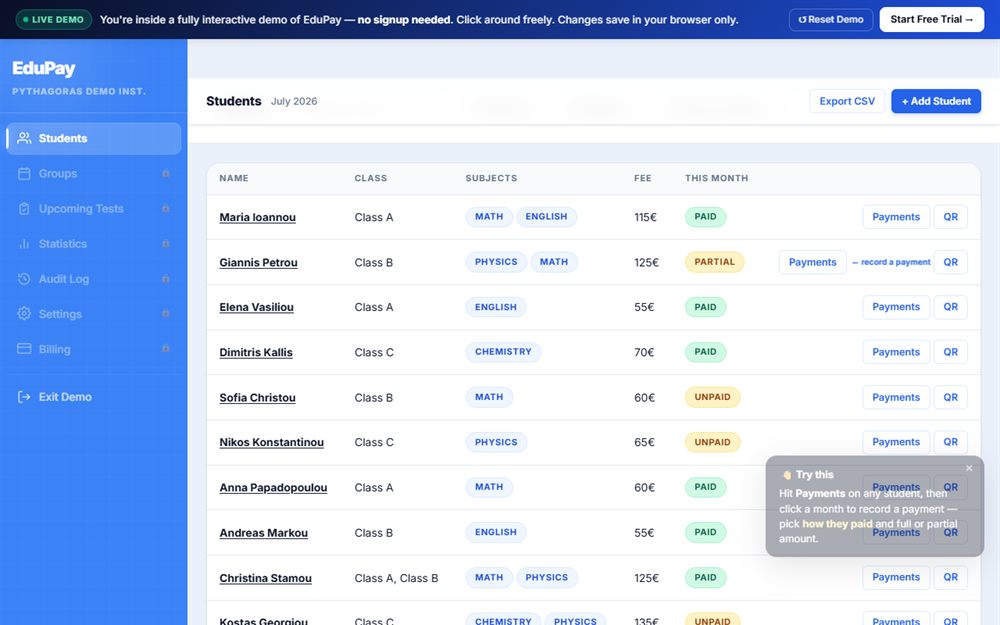 The EduPay admin dashboard listing students with their class, subjects, fee and payment status