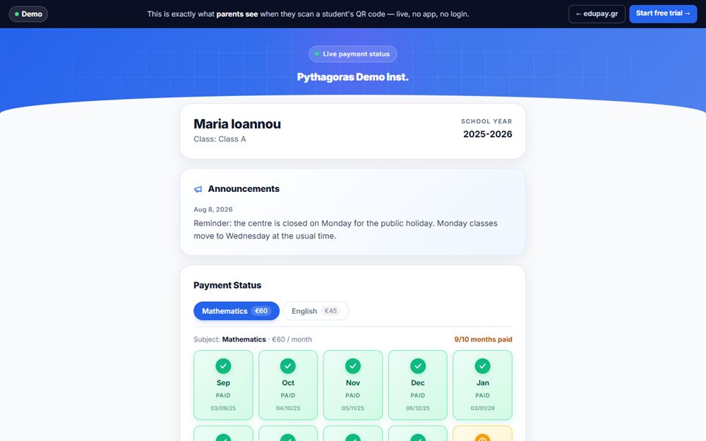 The EduPay parent view, showing payment status per subject with each month marked paid