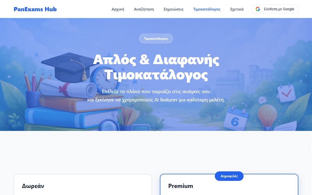 The PanExams Hub pricing page showing free and premium tiers