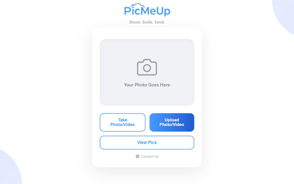 The PicMeUp guest screen, offering take photo, upload photo and view pictures