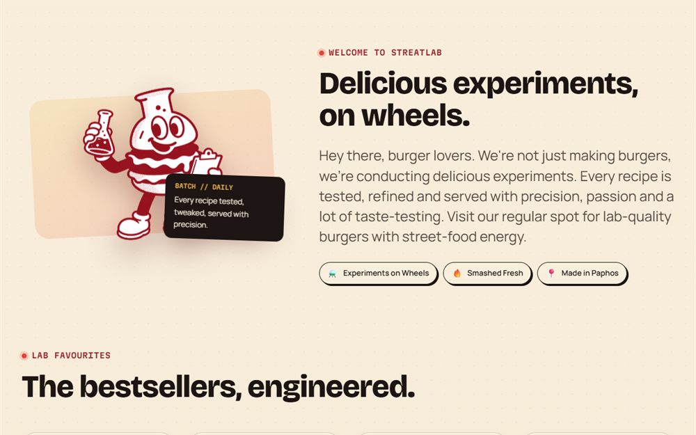 The StreatLab homepage, with the lab-themed mascot and brand copy