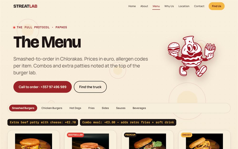 The StreatLab menu page, with category filters and photographed items