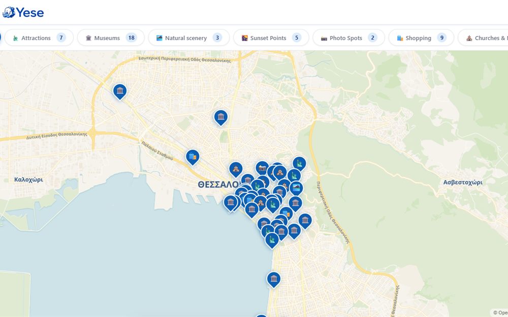 The Yese map of Thessaloniki with category filters and pinned locations