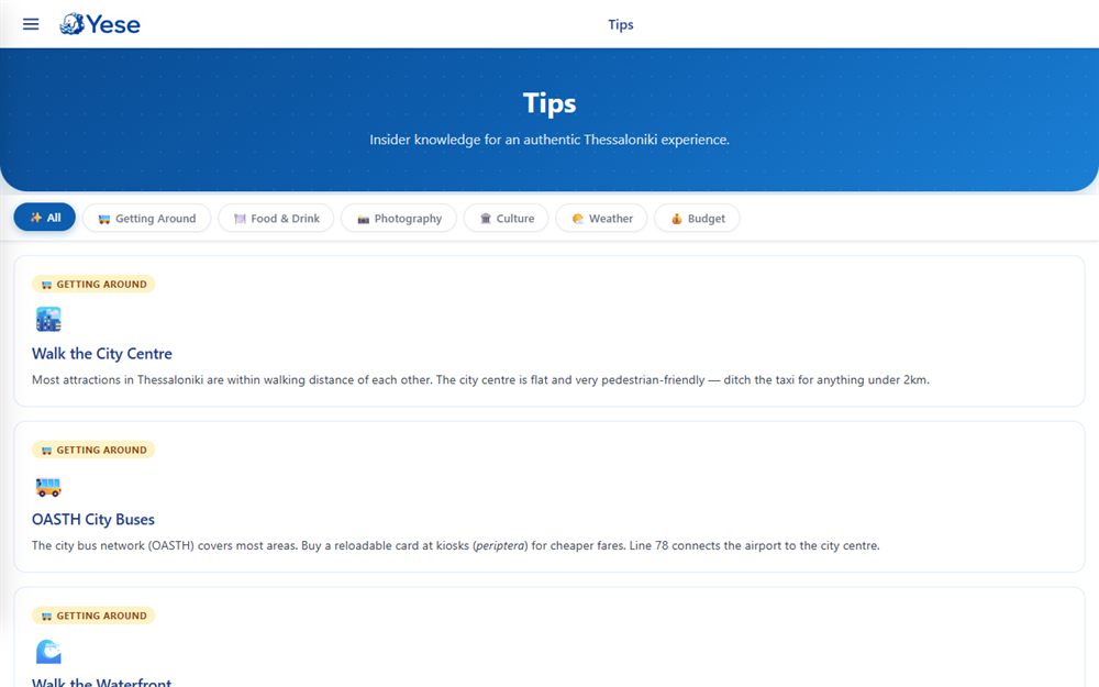 The Yese tips section, with categories for getting around, food and drink, culture and budget